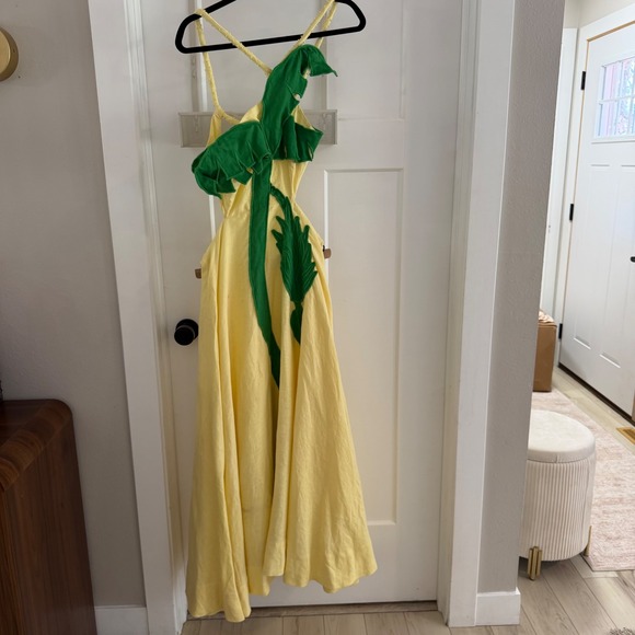 FARM Rio Dresses & Skirts - Farm Rio Palm Tree Cutwork Yellow Linen Applique Maxi Dress Maximalist Vacation